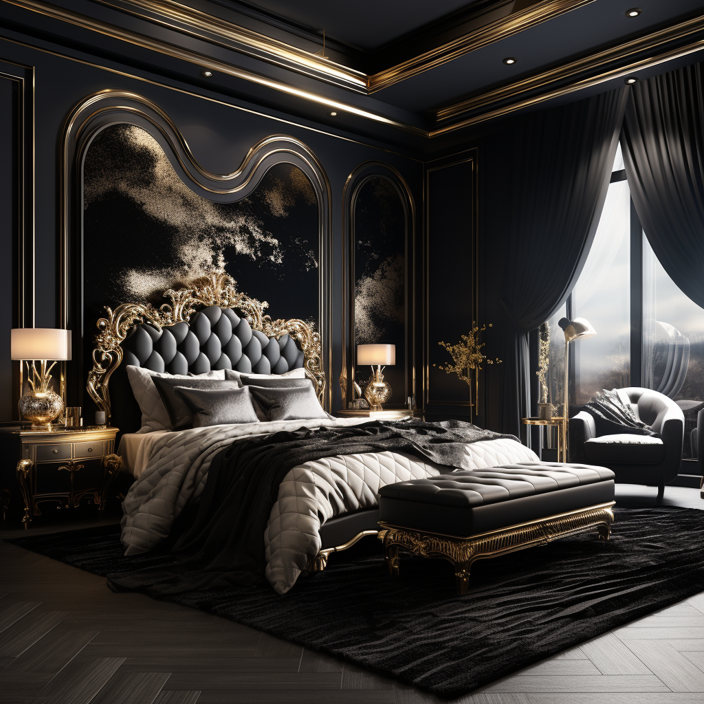 Elegant black bedroom with silk and satin elements