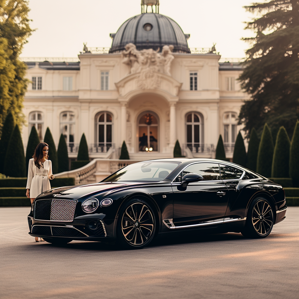 Black Bentley parked at a luxurious villa