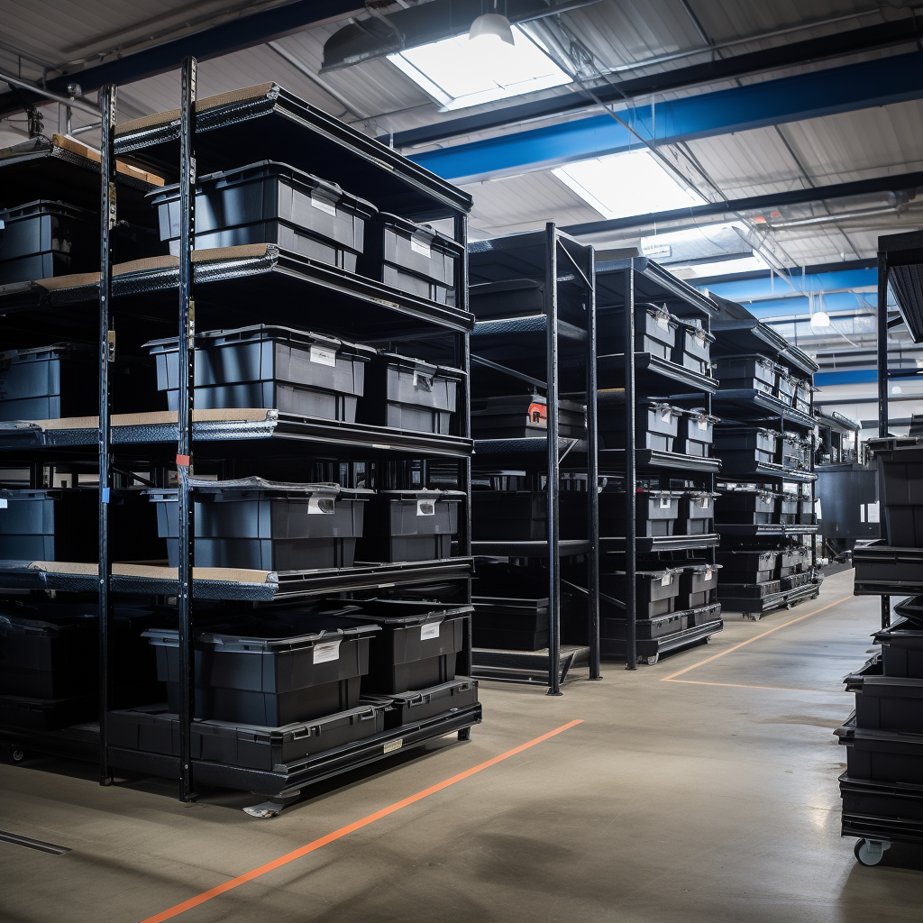 Black bins on warehouse shelves