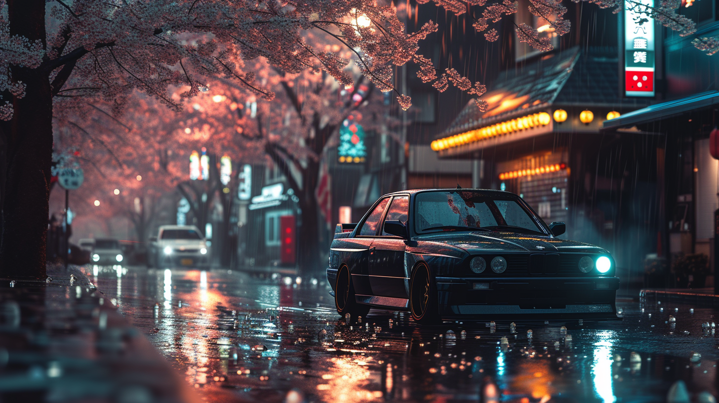 Black BMW M3 driving in Japanese street at night in the rain