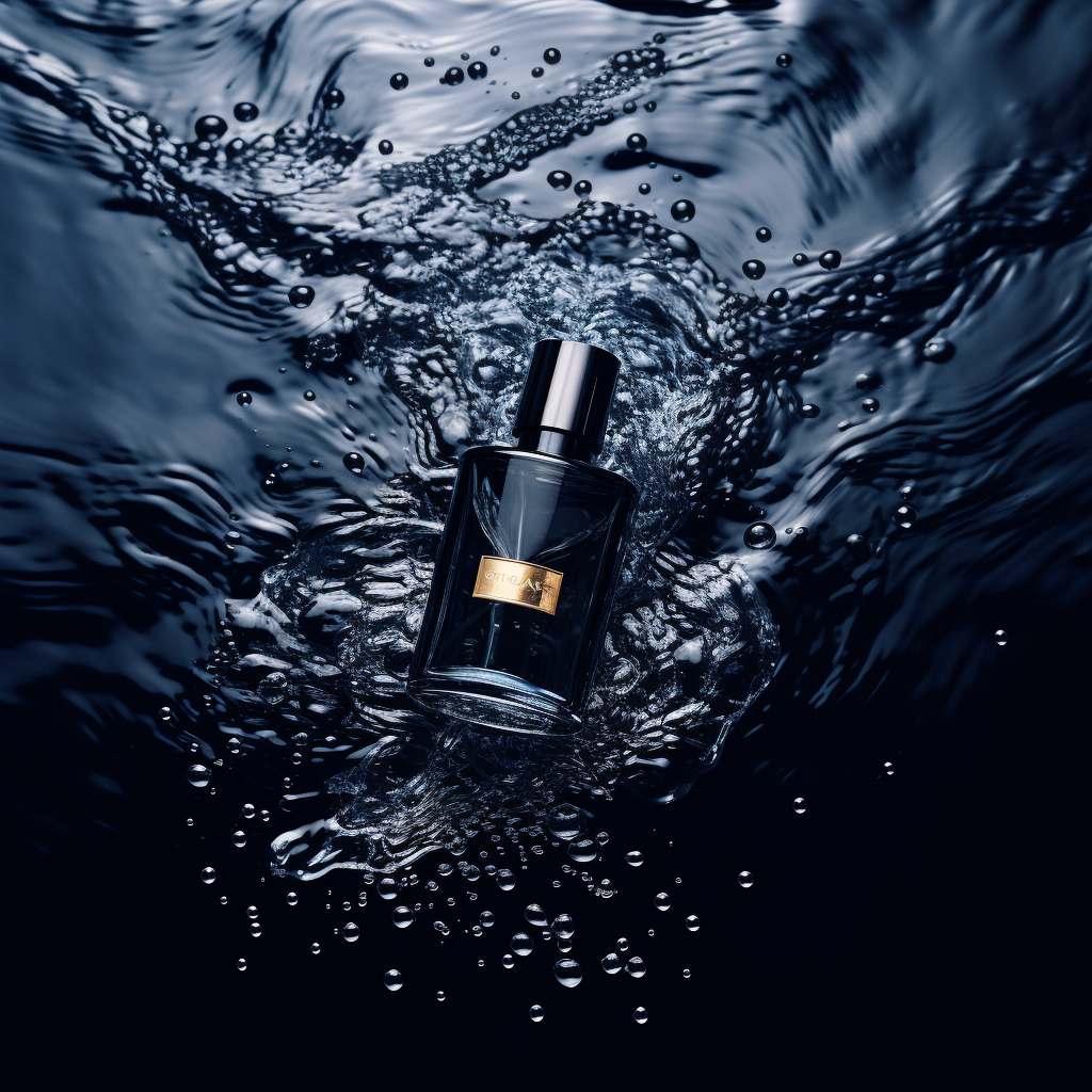 Black perfume bottle floating above water