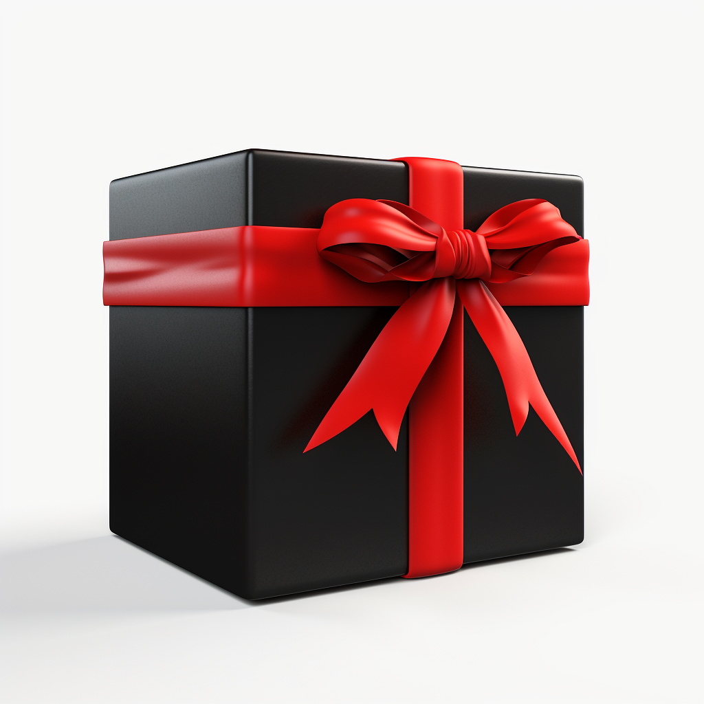 Black Box with Red Ribbon on White Background