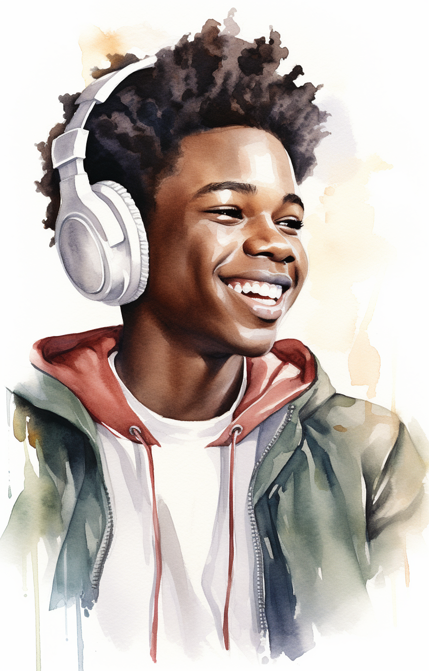 Illustration of a happy black boy listening to music