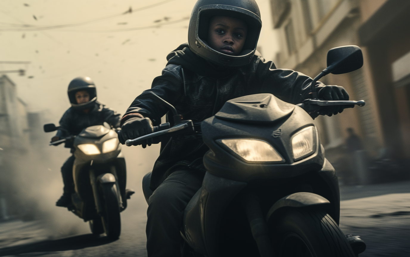 Two black boys speeding on a scooter through traffic