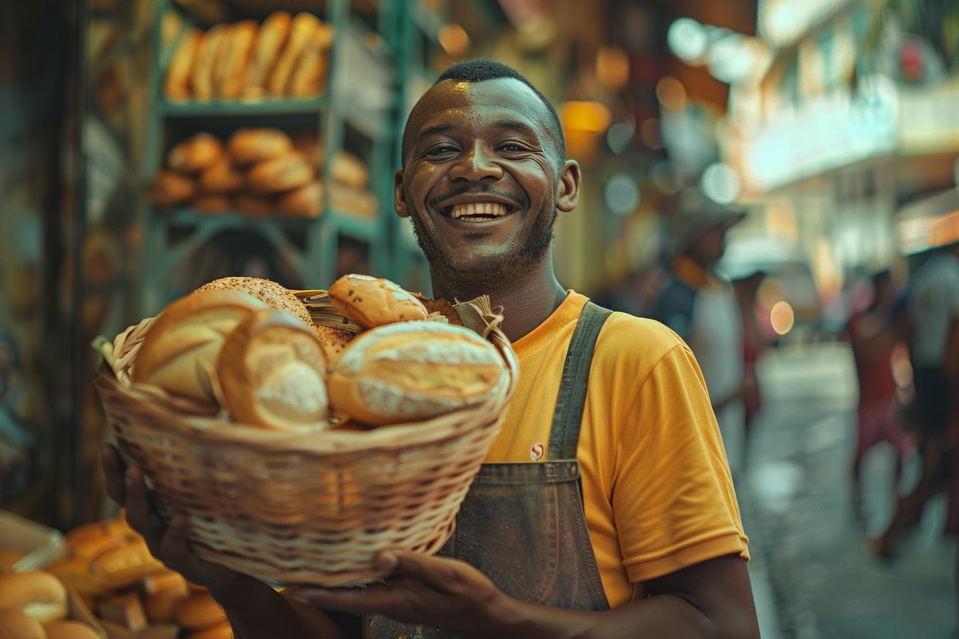 Brazilian baker holding bread basket