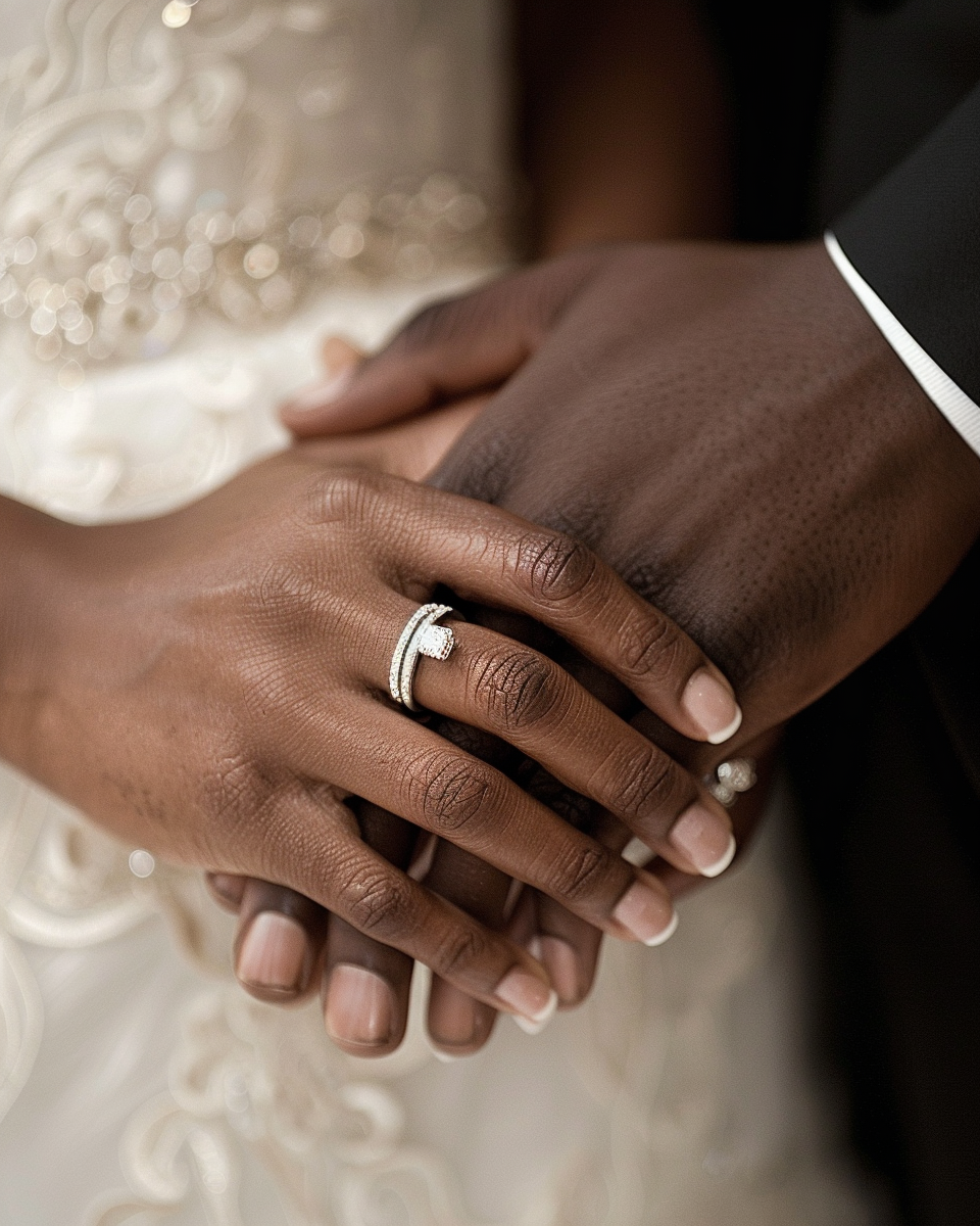 Black bride and groom hands with wedding rings