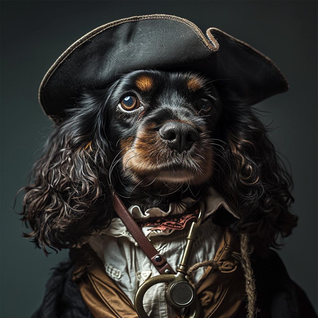 Adorable Cocker Spaniel dressed as a pirate with stethoscope