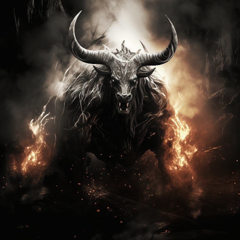 Eerie black bull surrounded by fire