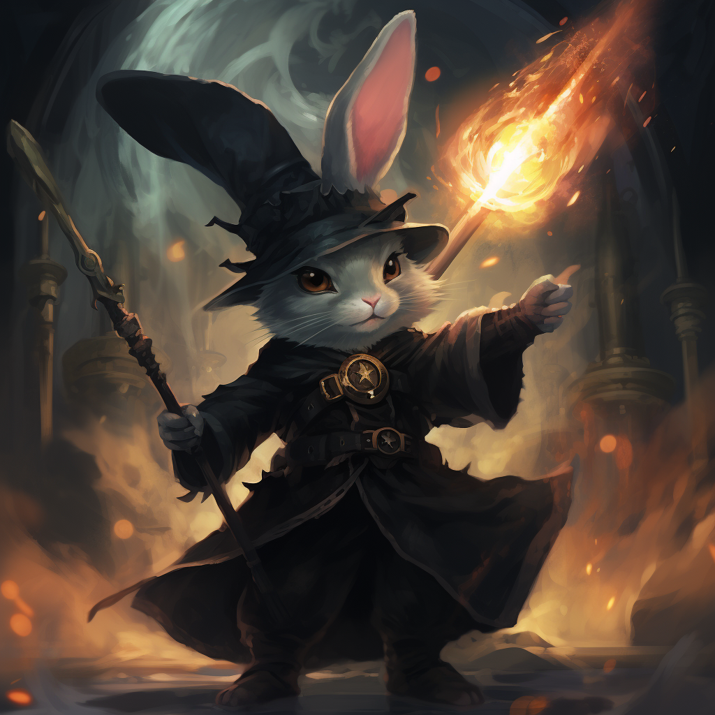 Adorable black bunny rabbit wizard casting a spell