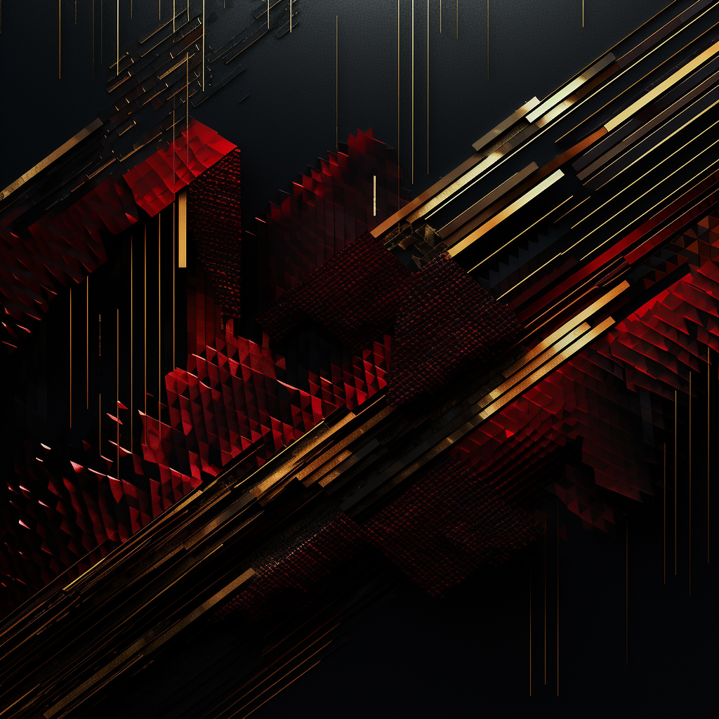 Glitch art in black, burgundy, and gold