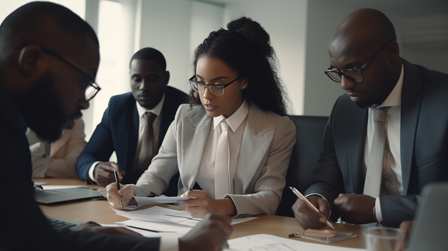 Black businesspeople discussing charts and paperwork