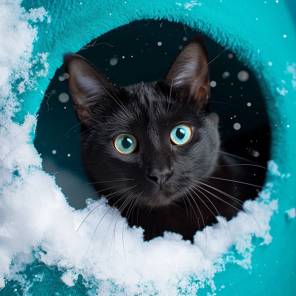 Black cat on blue background in winter