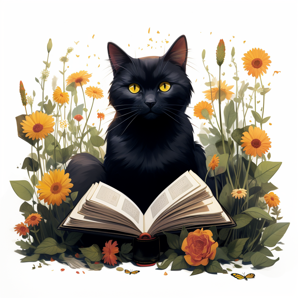 Vibrant Cat on Book with Wildflowers