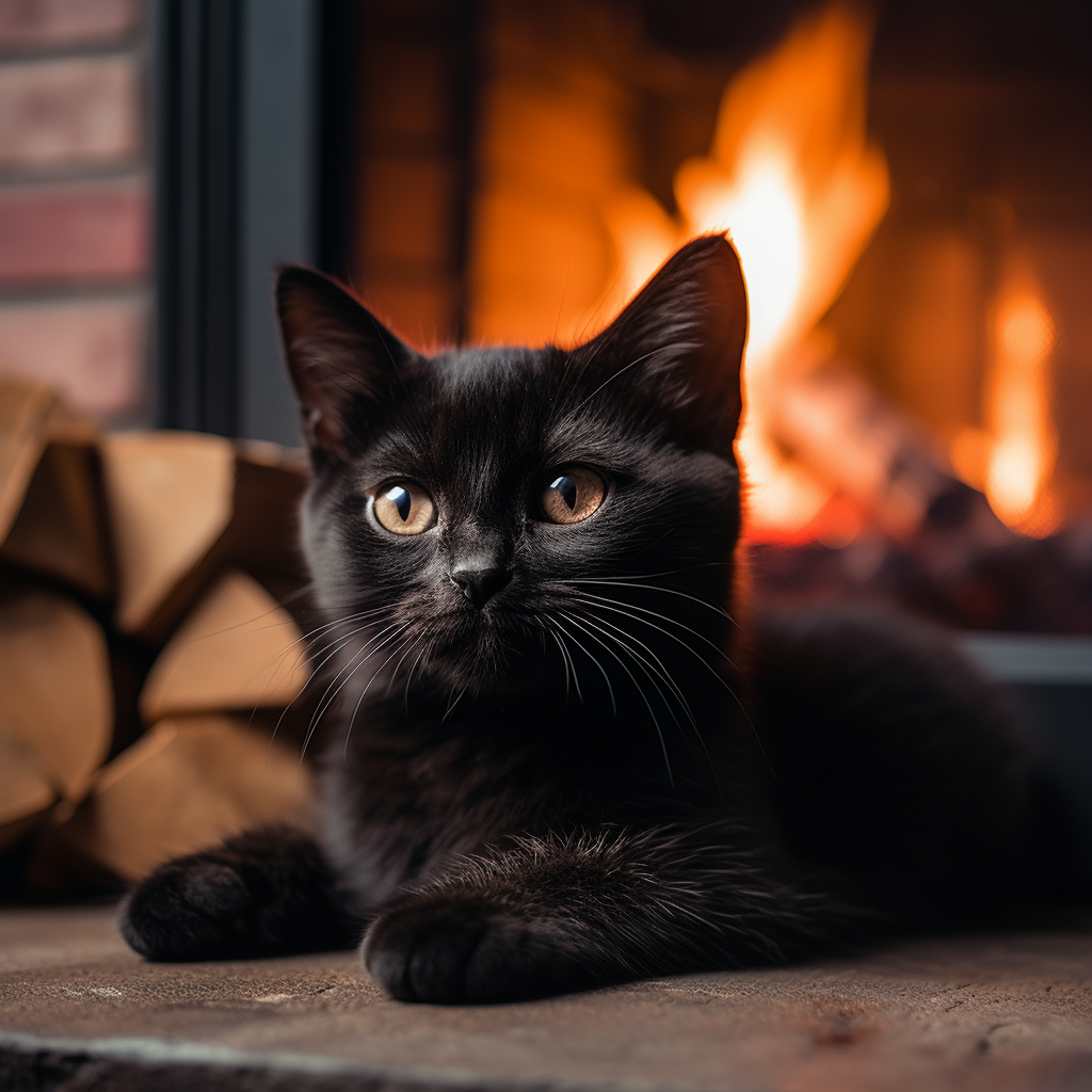 Black cat enjoying warmth of fireplace