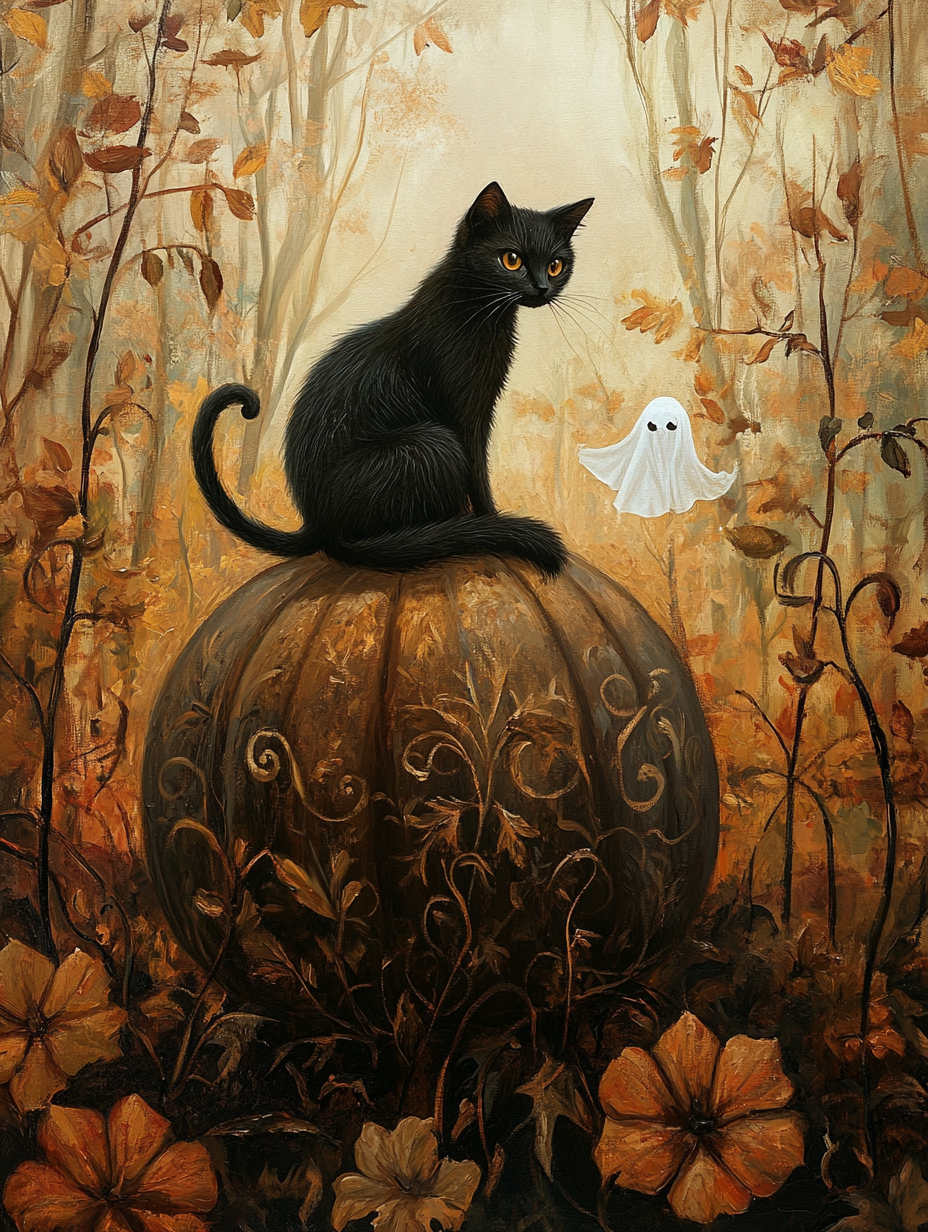 Spooky Black Cat Ghost Pumpkin