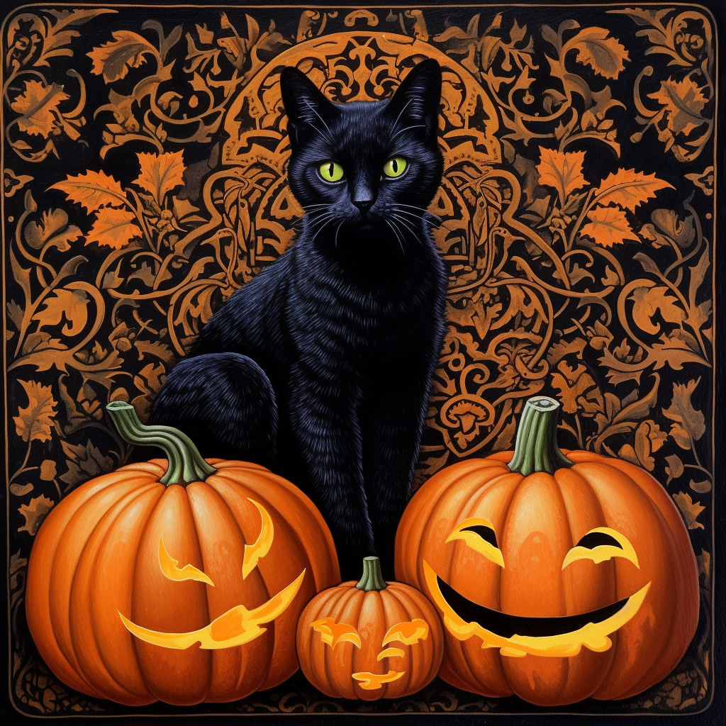 Black cat with Halloween pumpkin brocade