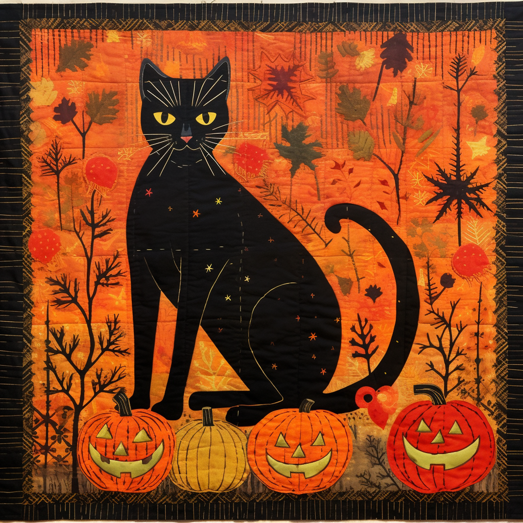 Black cat with Halloween pumpkin kantha.