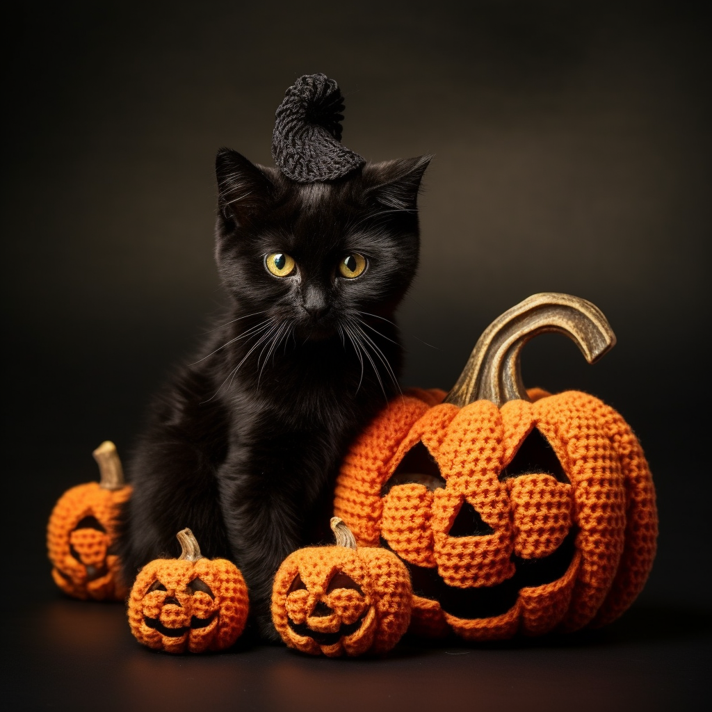 Adorable black cat and Halloween pumpkin in knitted art