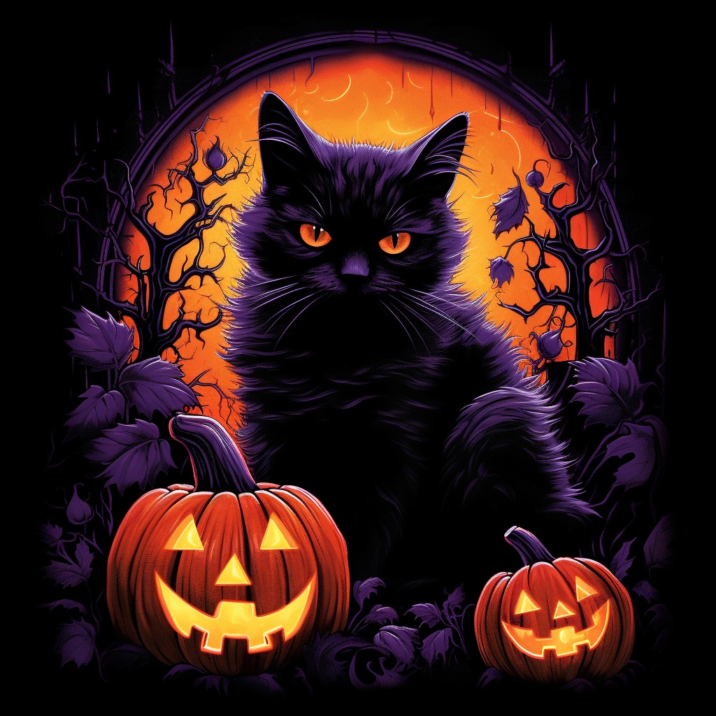 Black cat and Halloween pumpkin in black light