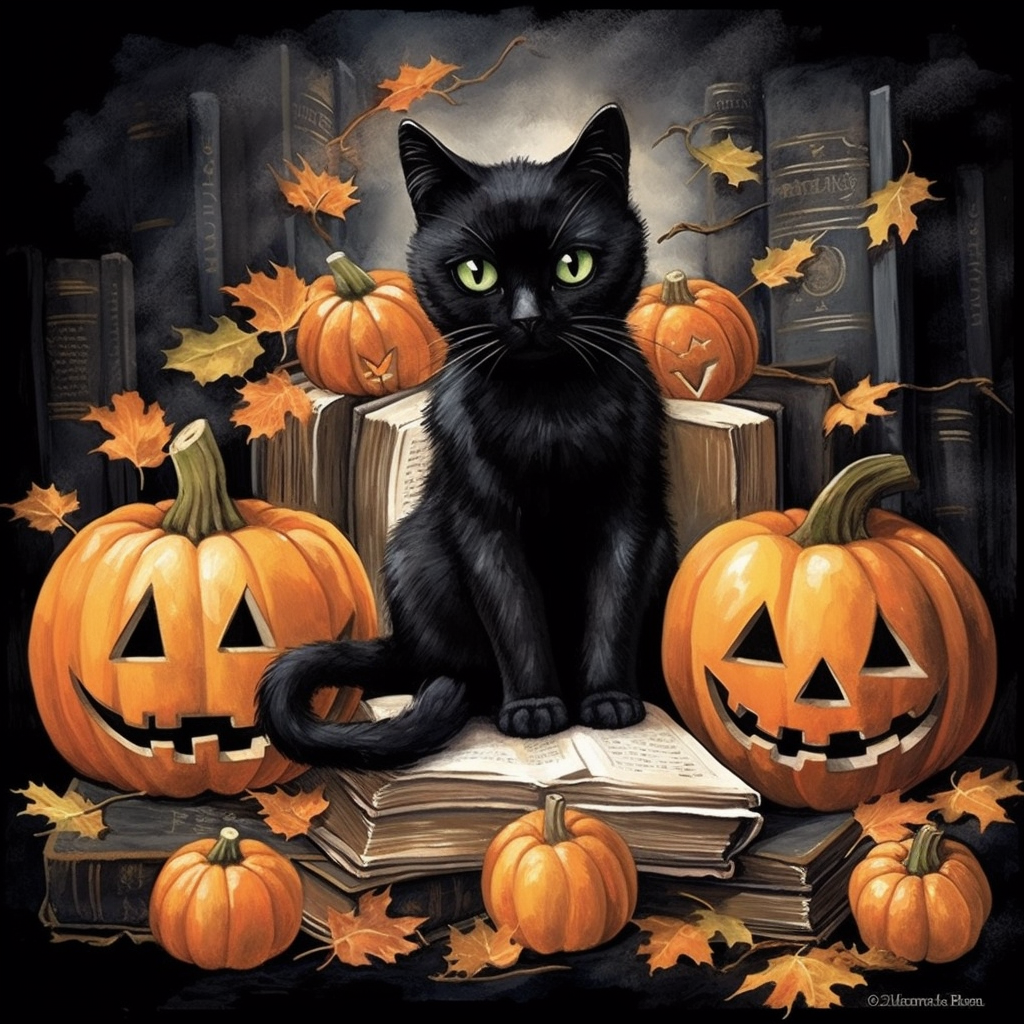 Black cat with Halloween pumpkin