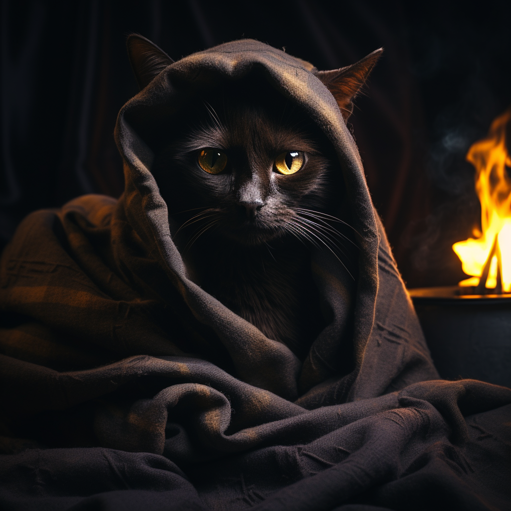 Adorable black cat wrapped in a blanket