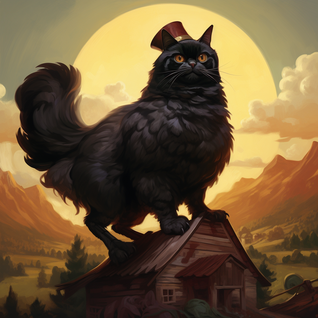 Illustration of black cat riding on chicken