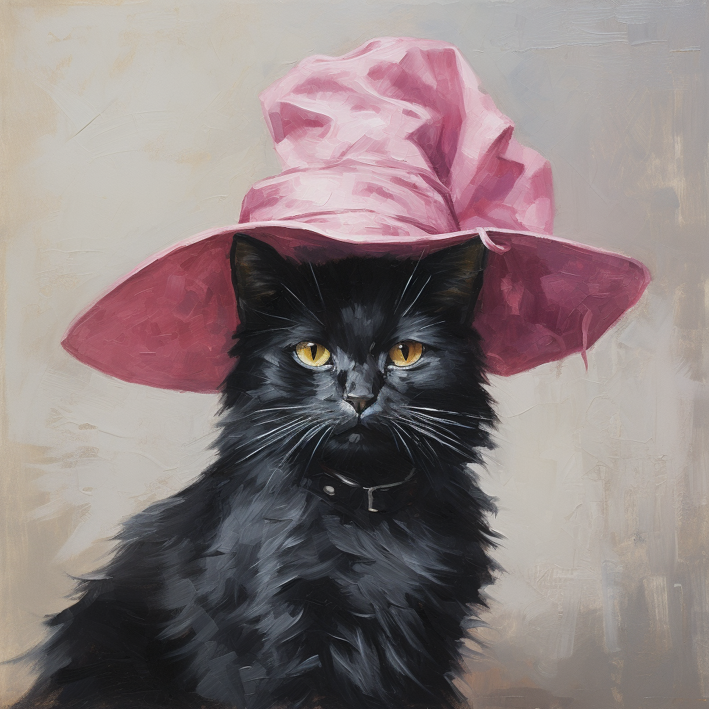 Cute black cat wearing a pink hat indoors