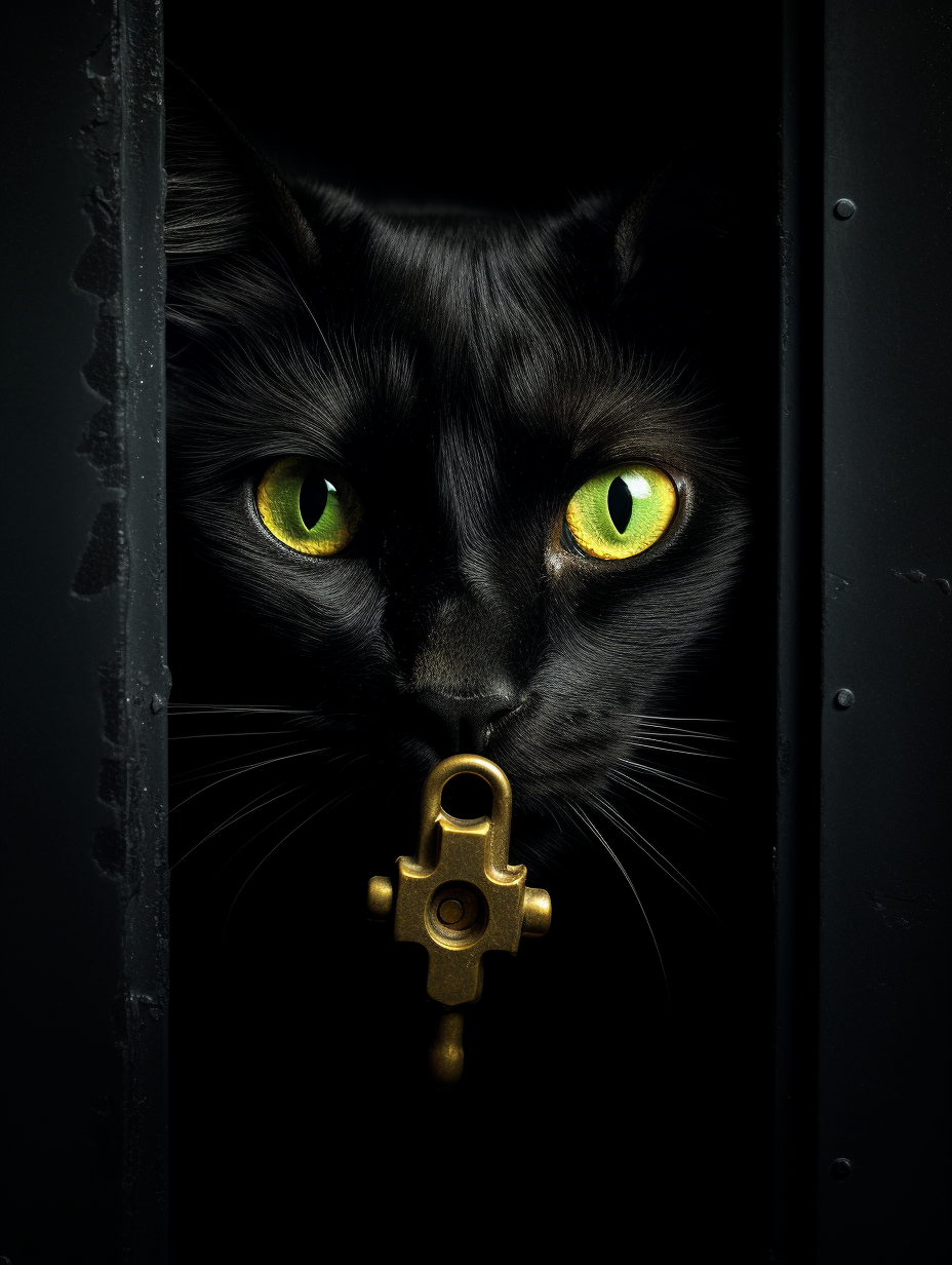 Black cat peeking through keyhole