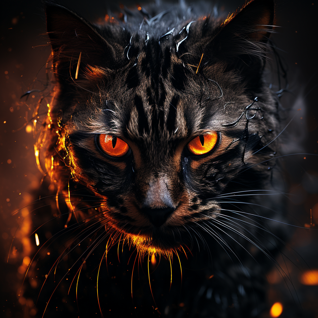 Majestic black cat with fiery scars and hopeful golden eyes