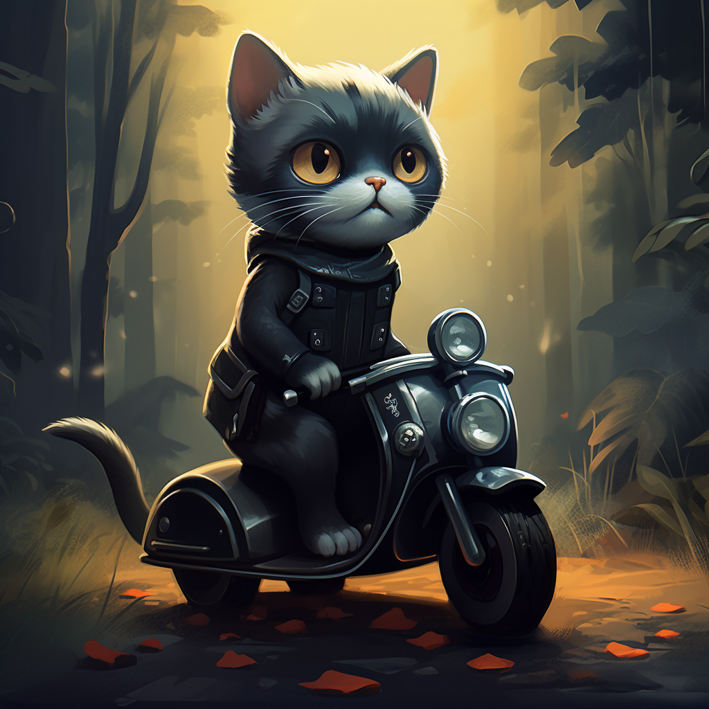 Black cat on kids scooter