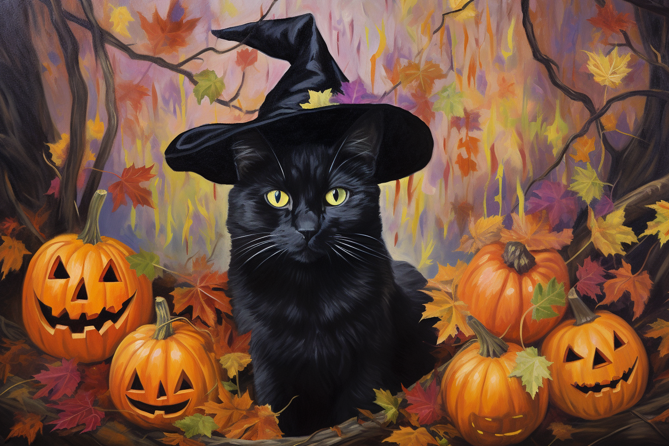 Charming black cat in a witch hat surrounded by vibrant fall colors