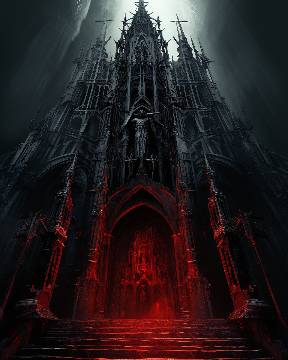 Dark ominous cathedral with cross on tower