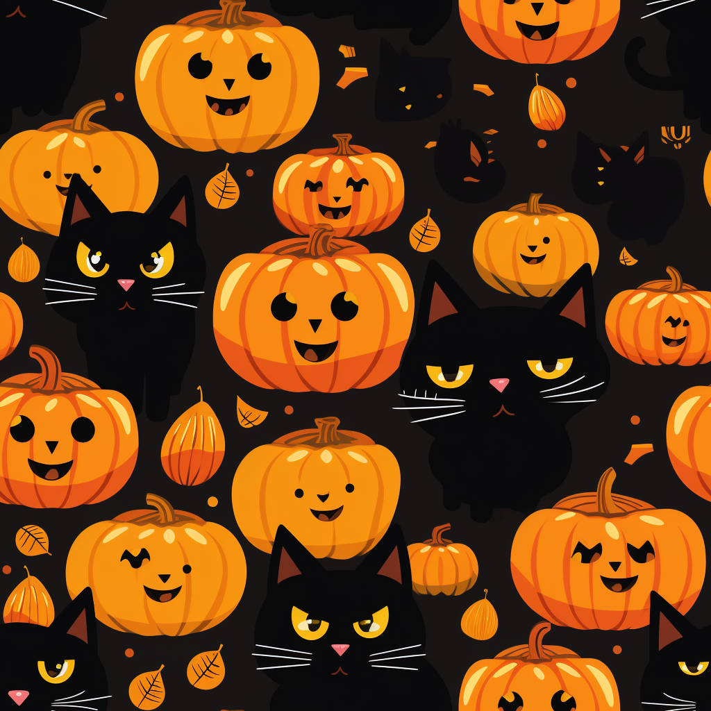 Halloween Pattern with Black Cats and Jack-O-Lanterns