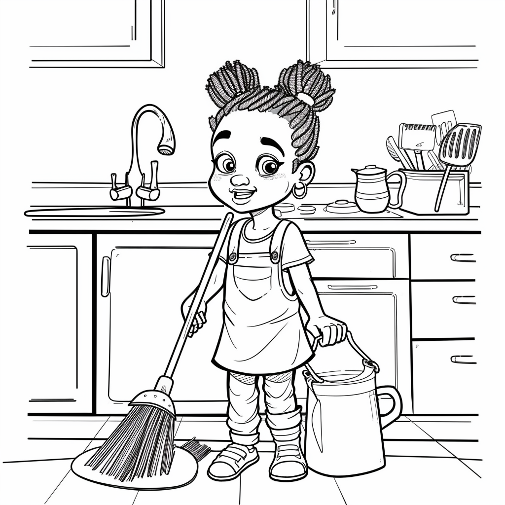 Black child doing chores cartoon