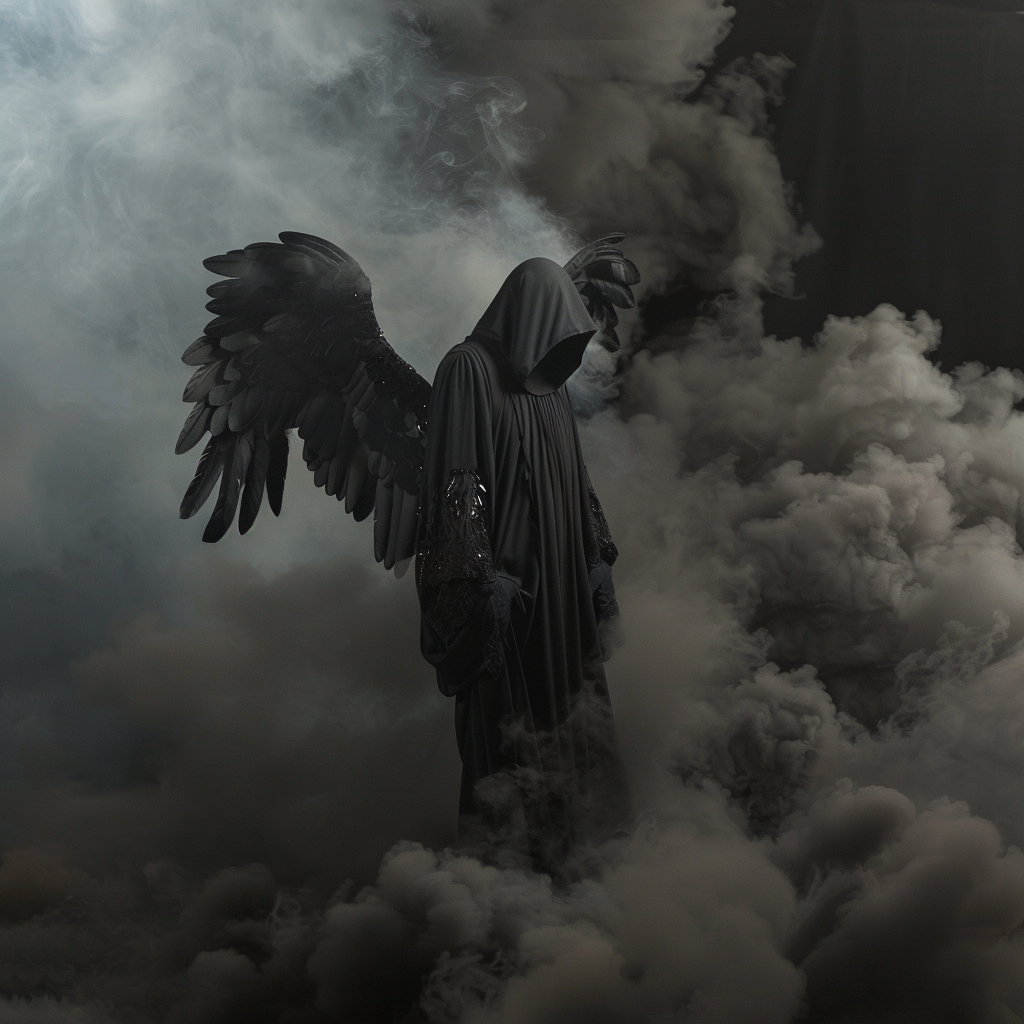 Dark fantasy angel emerging smoke