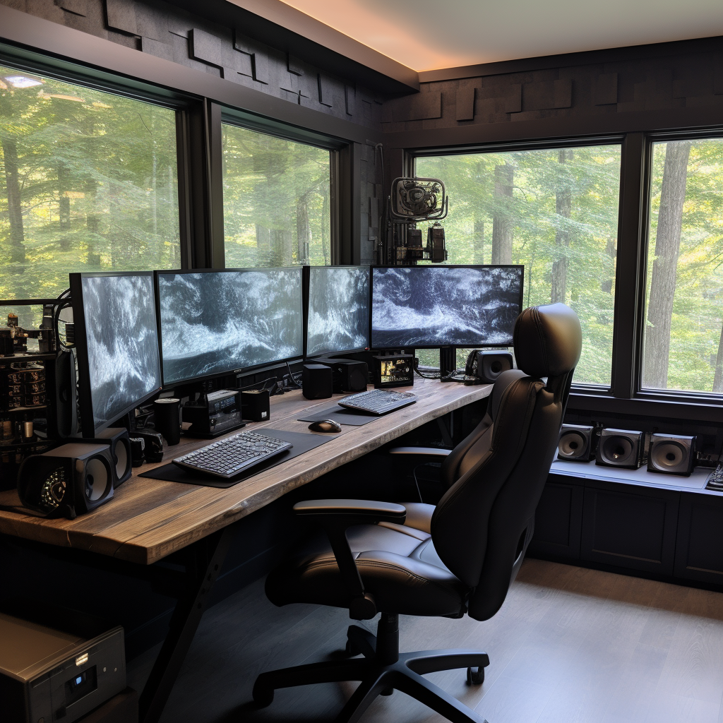 Stylish black concrete  L  desk room with monitors and windows