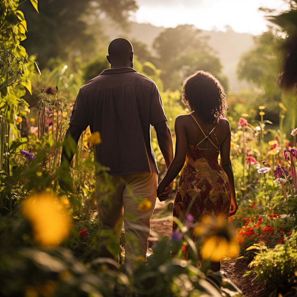 Black couple walking in flower garden