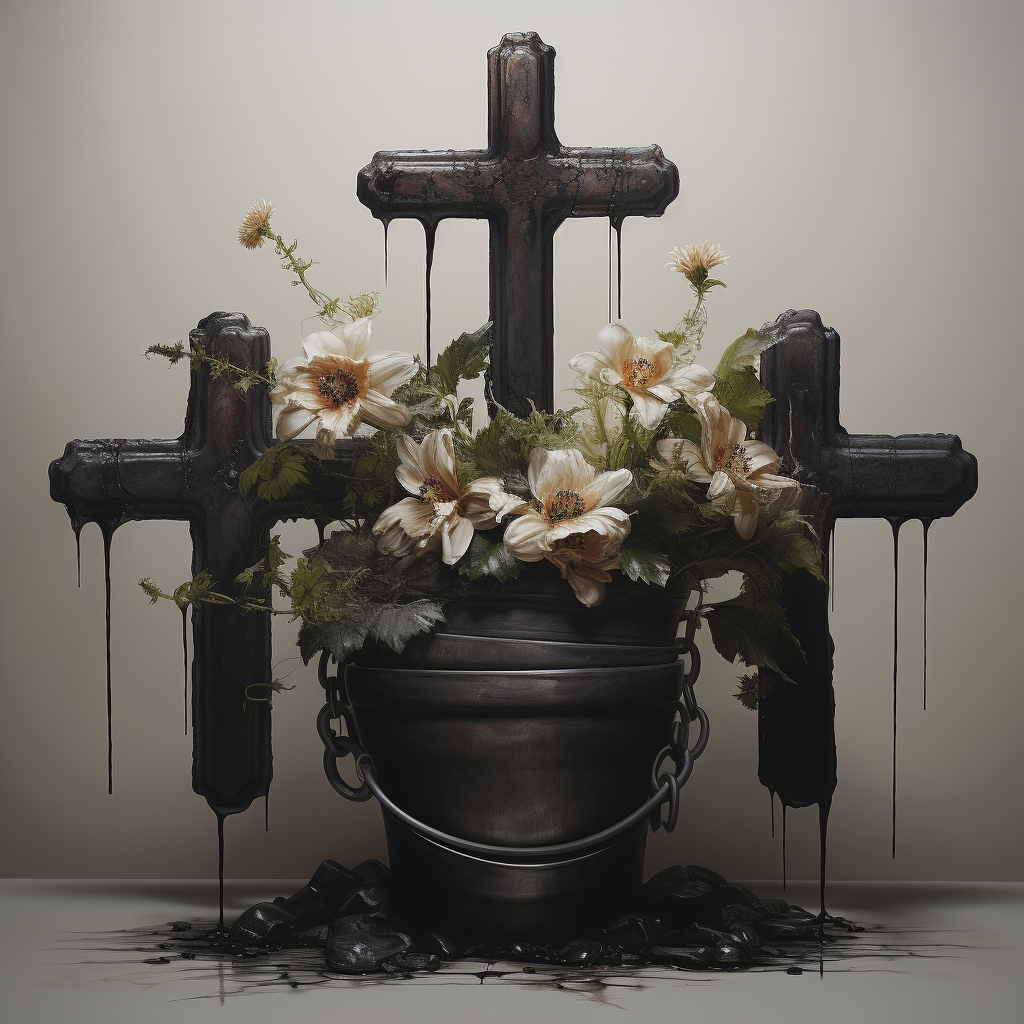 Black cross with handcuffs and flower pots