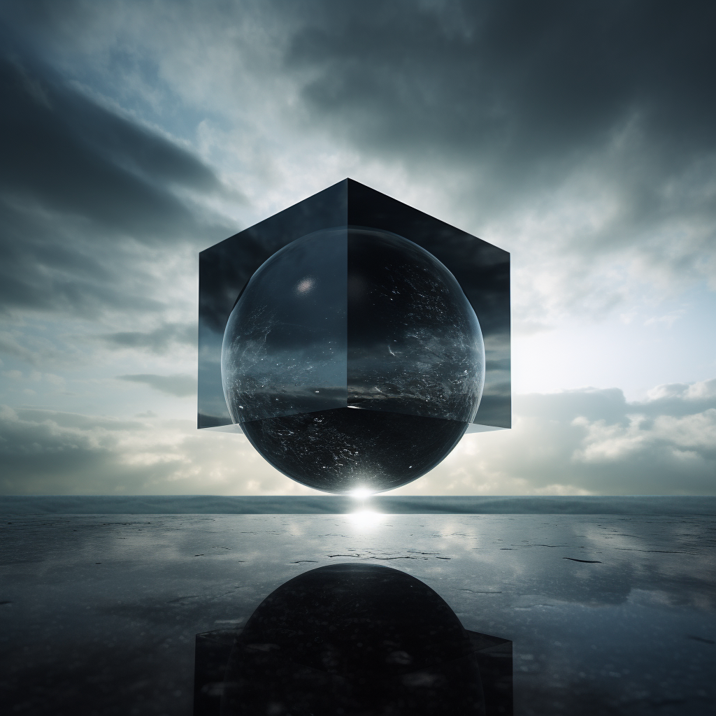 Black cube inside glass sphere in the sky