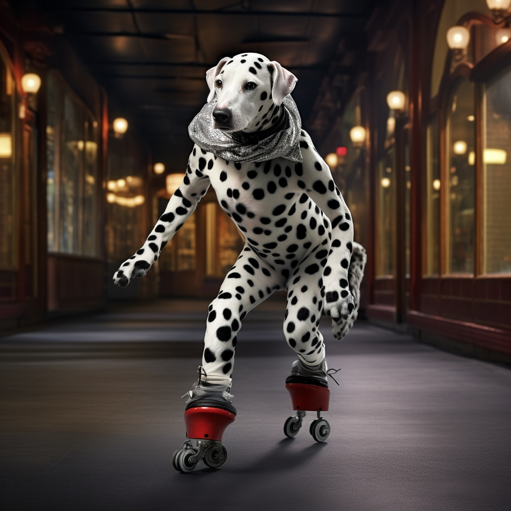 Playful black Dalmation on rollerskates