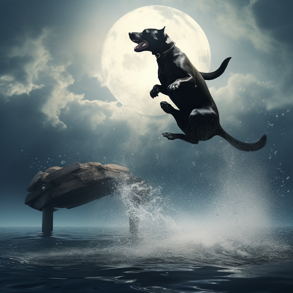 Exciting image of black dog jumping over moon with dolphin