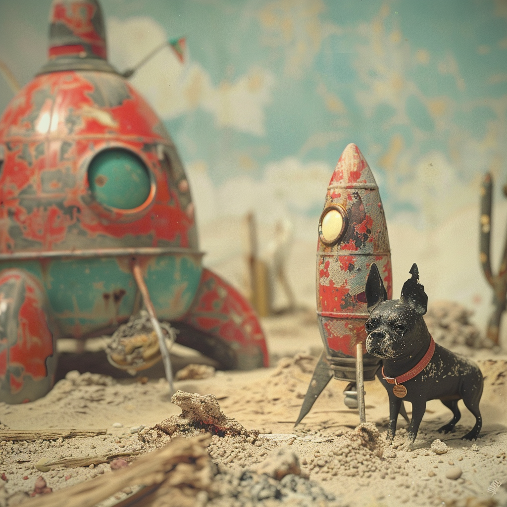 Black dog with tin can rocket in desert