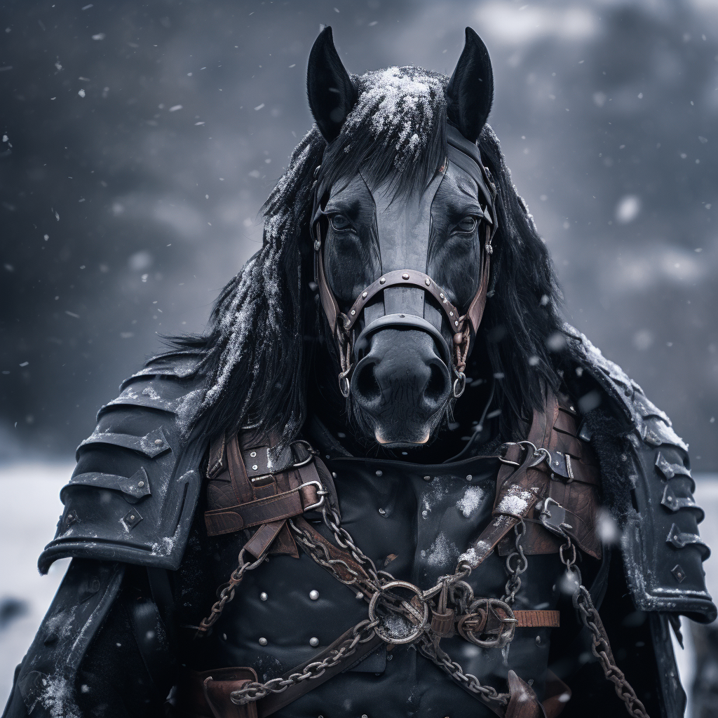 Powerful black draft horse in snow