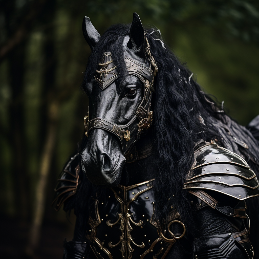 Black Draft Horse in Leather Armor with Stunning Eyes