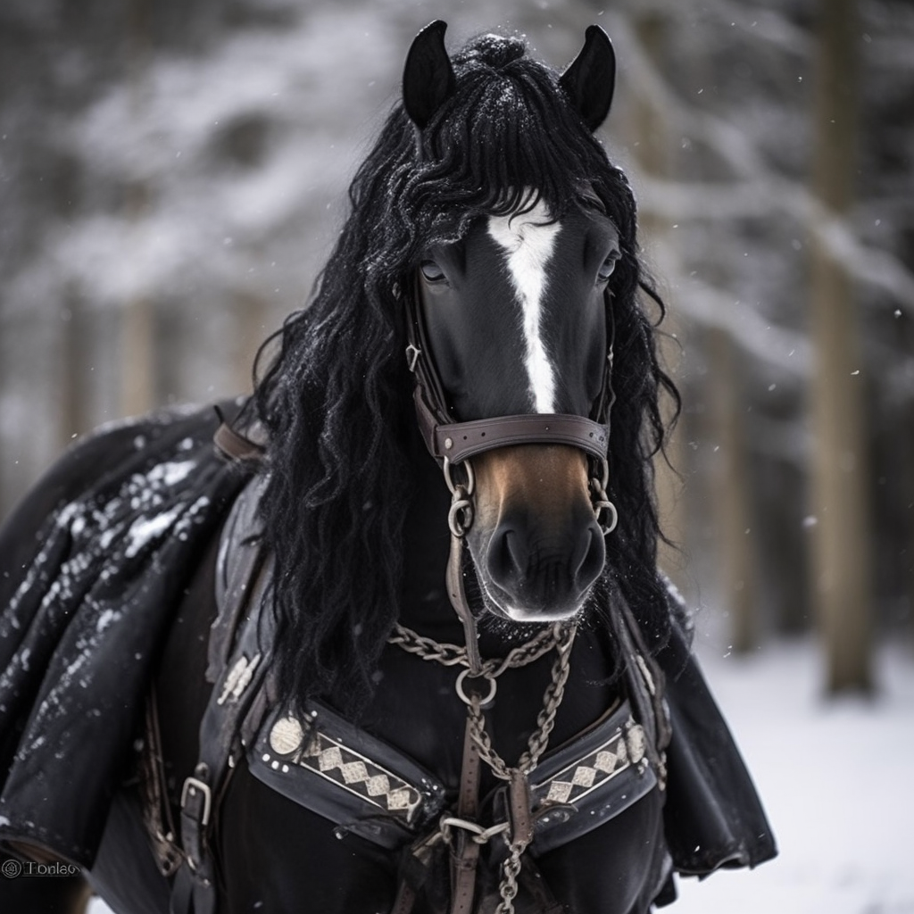 A leather-armored black draft horse with stunning eyes