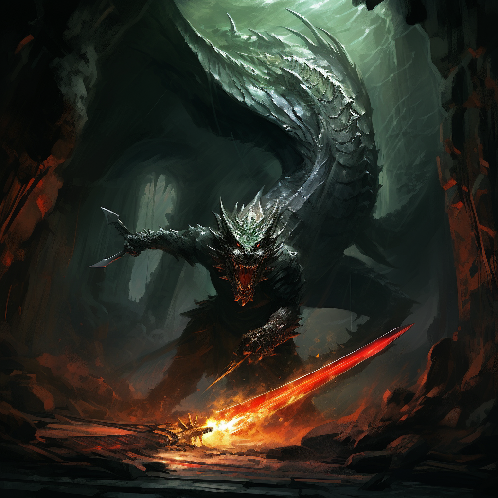 Mighty black dragon holding flaming jade sword