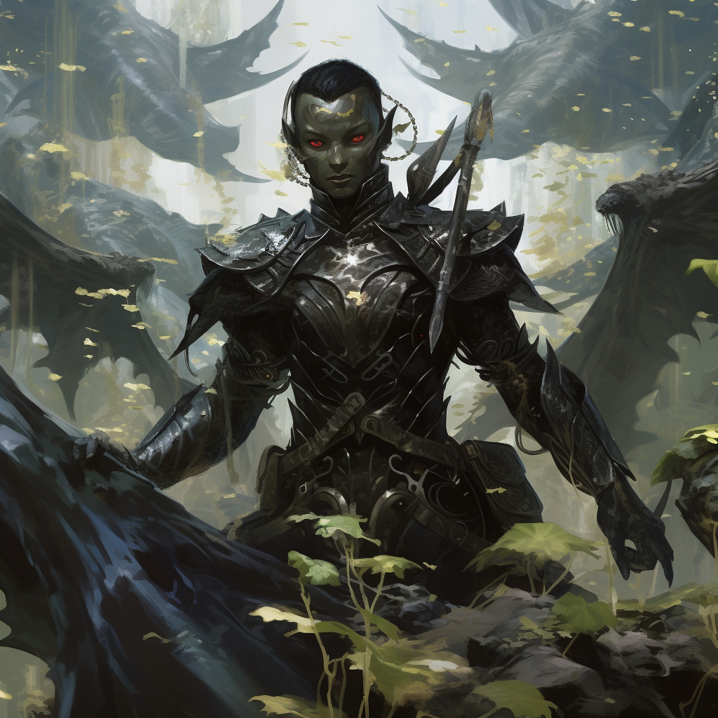 Image of black dragon humanoid ranger in swamp