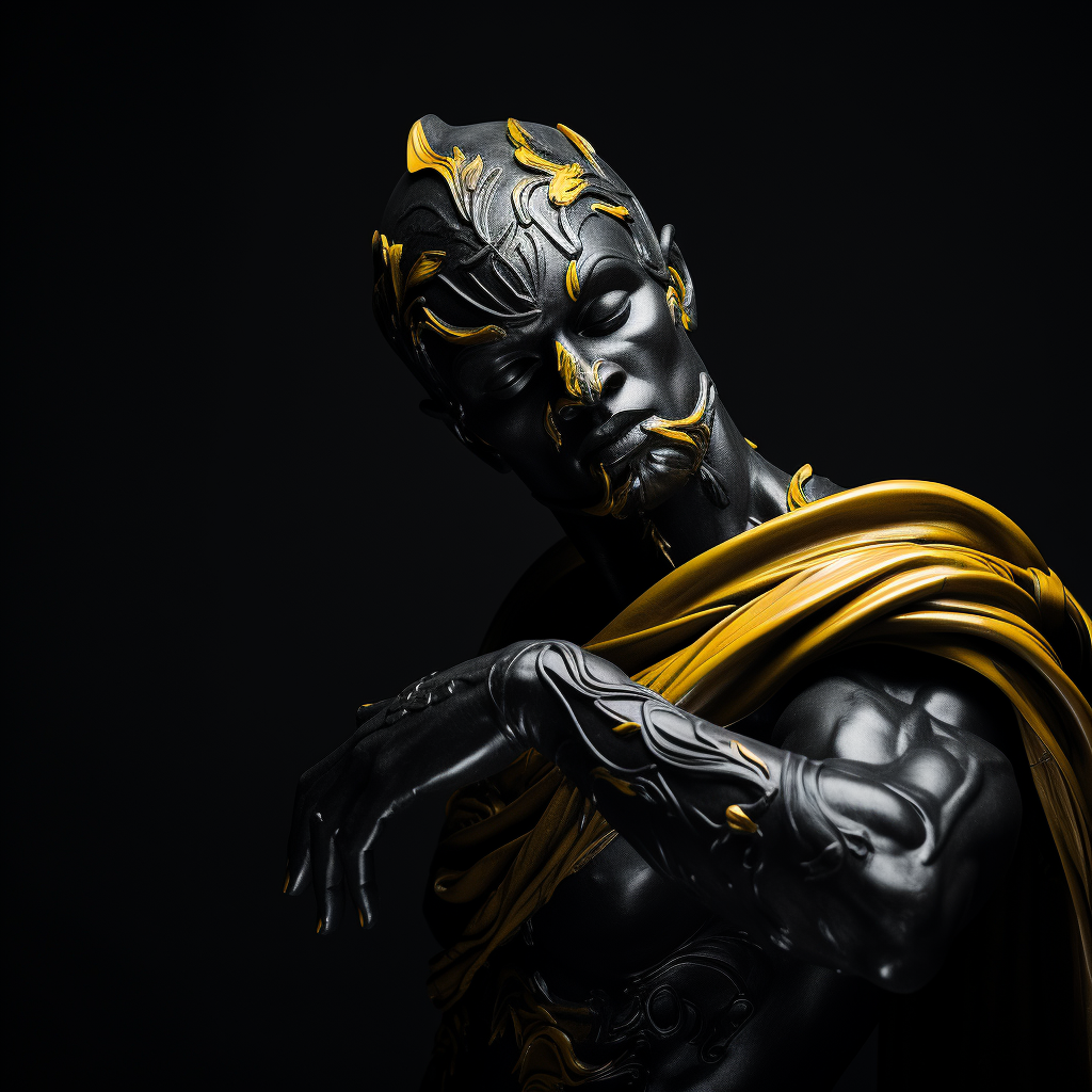 Dramatic black and white statue with yellow paint