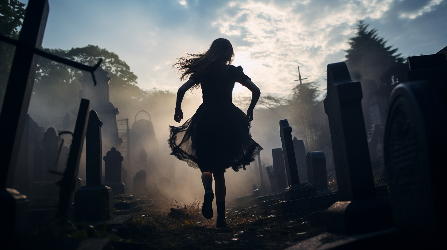 Girl in Black Dress Running in Graveyard