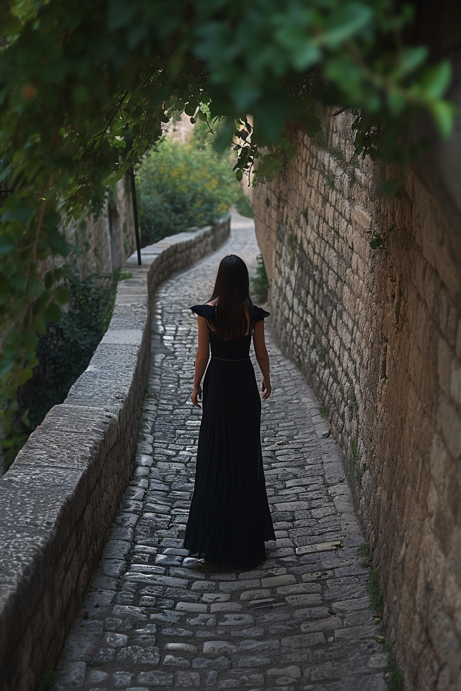 Woman in black dress walking on narrow bridge